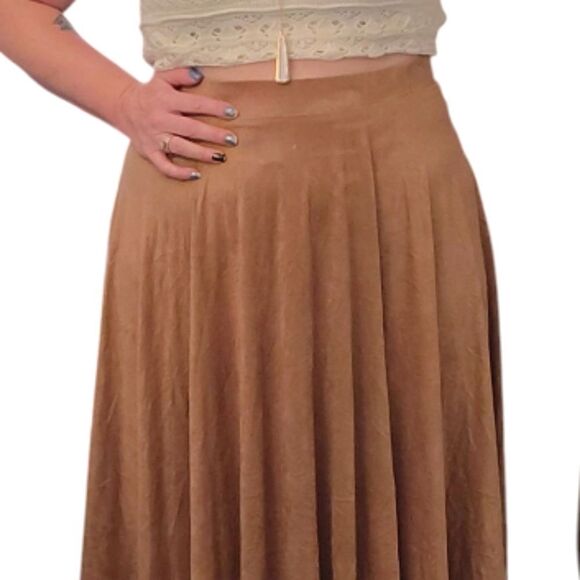 VTG Camel Faux Suede Pull On Handkerchief Hem Midi Skirt Large - Picture 4 of 11